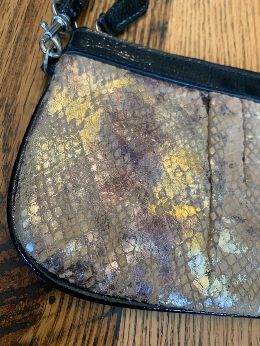 Wilson's Leather Zip Bag Pouch Wristlet Snakeskin Beige Black Gold Copper Foil